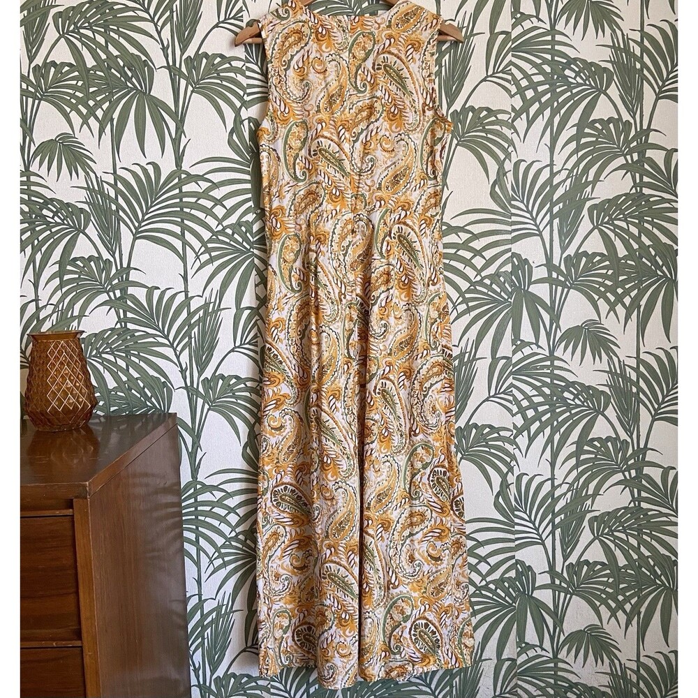 Chloe + Rene Tie V Neck Gold Green Paisley 100% Cotton Maxi Dress Size Small - Picture 4 of 10